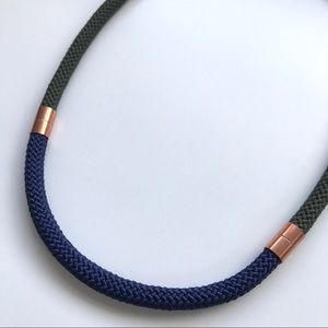 Forest green + navy blue statement necklace with brass pieces